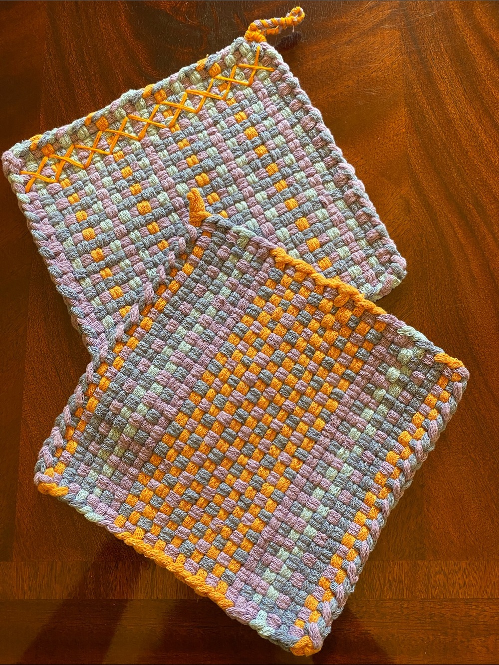 Handmade Woven Pot Holders in Lavender and Orange 100% Cotton